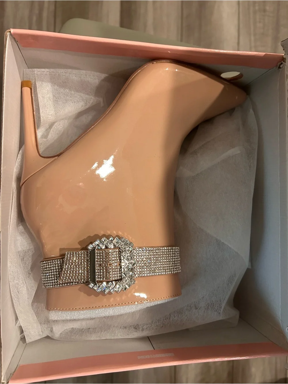 Nude Patent Rhinestone Buckle Ankle Bootie